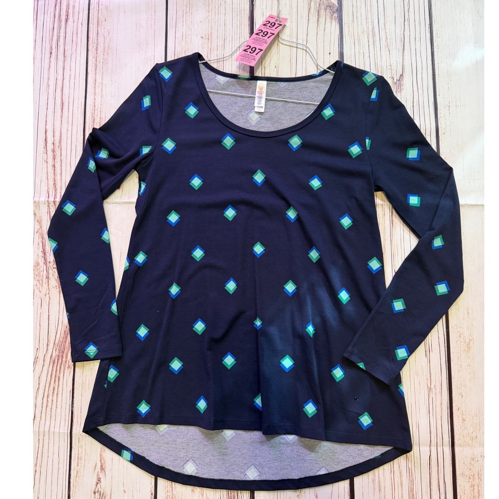 LuLaRoe‎ Perfect T Navy Blue Geometric Diamond Print Long Sleeve Tunic Top XS